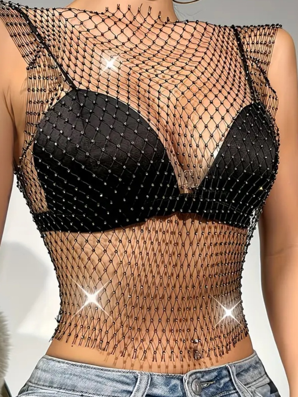 Black Beaded Fishnet Crop Top